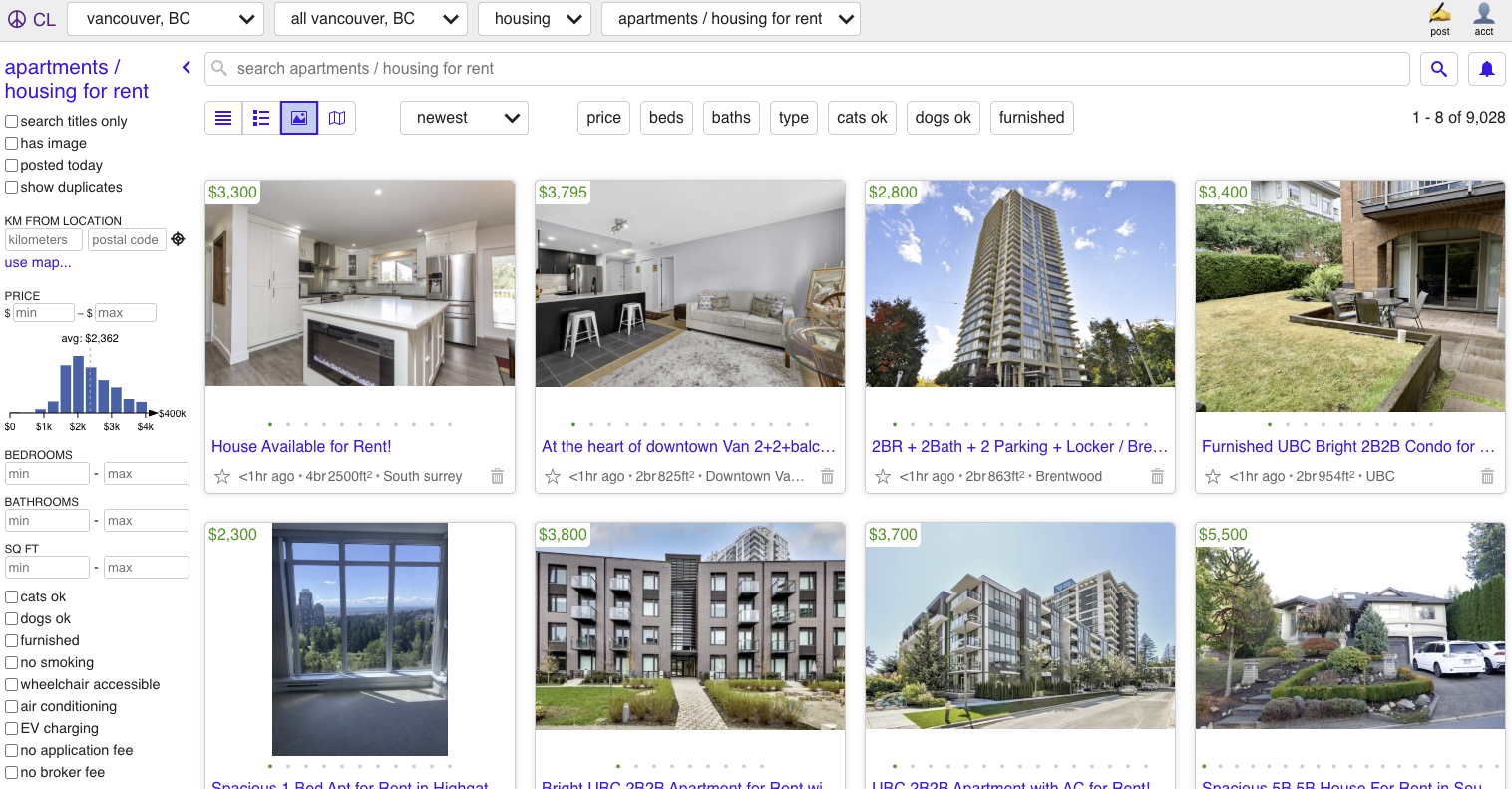 craigslistの物件検索画面